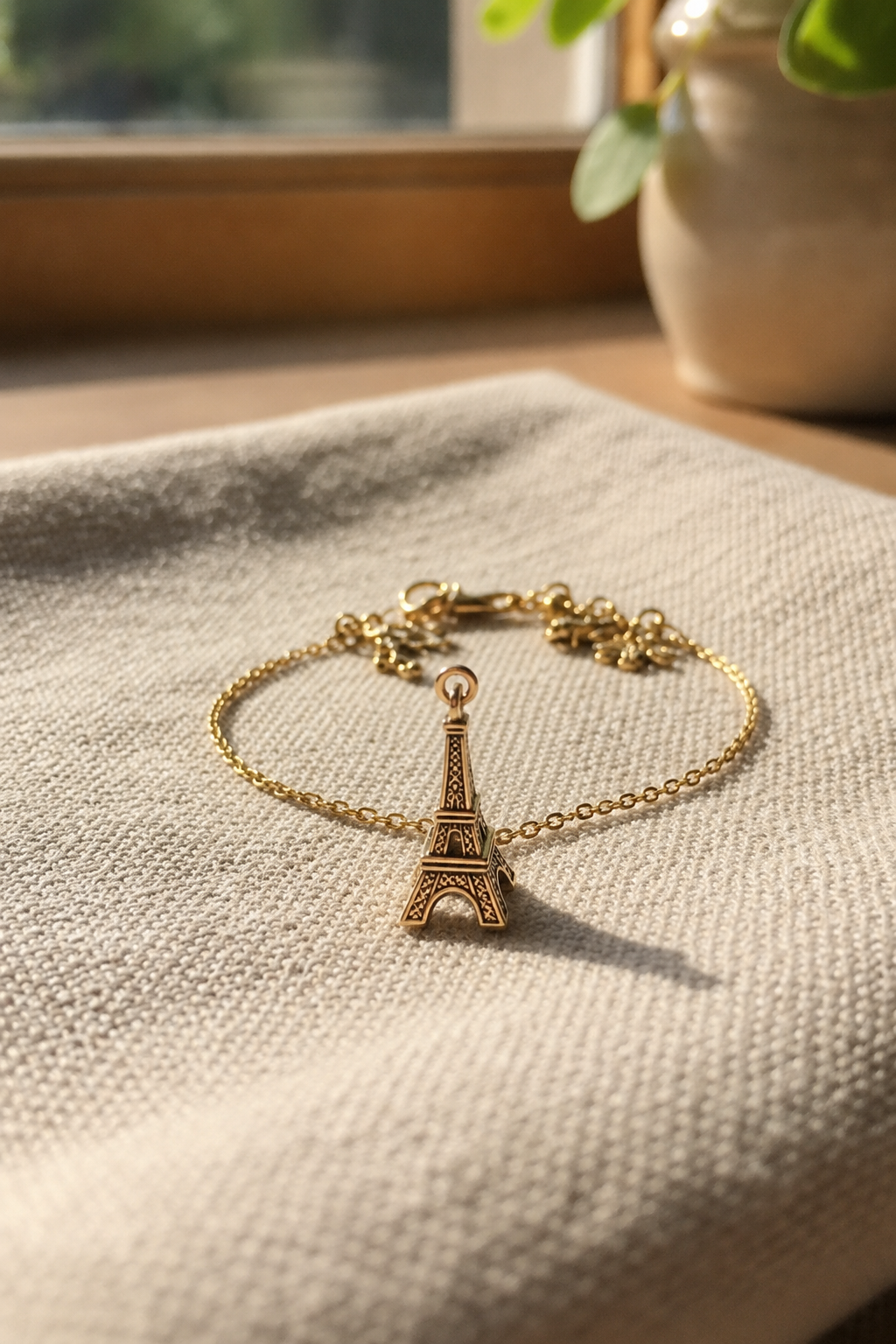 Delicate gold vintage charm bracelet with a hand-crafted French bronze pear charm displayed on antique linen with soft window light