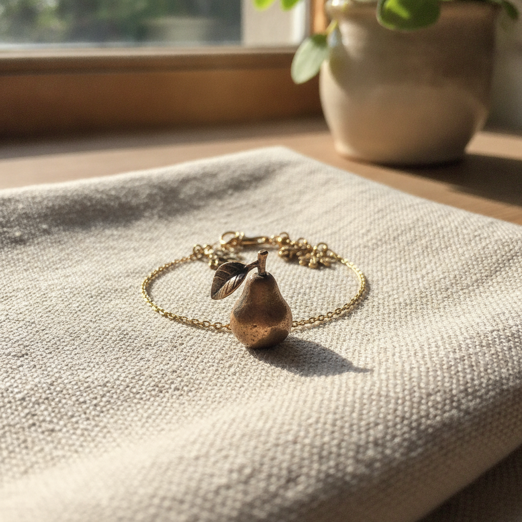 Delicate gold vintage charm bracelet with a tiny hand-crafted French pastoral pear charm displayed on antique linen with soft window light