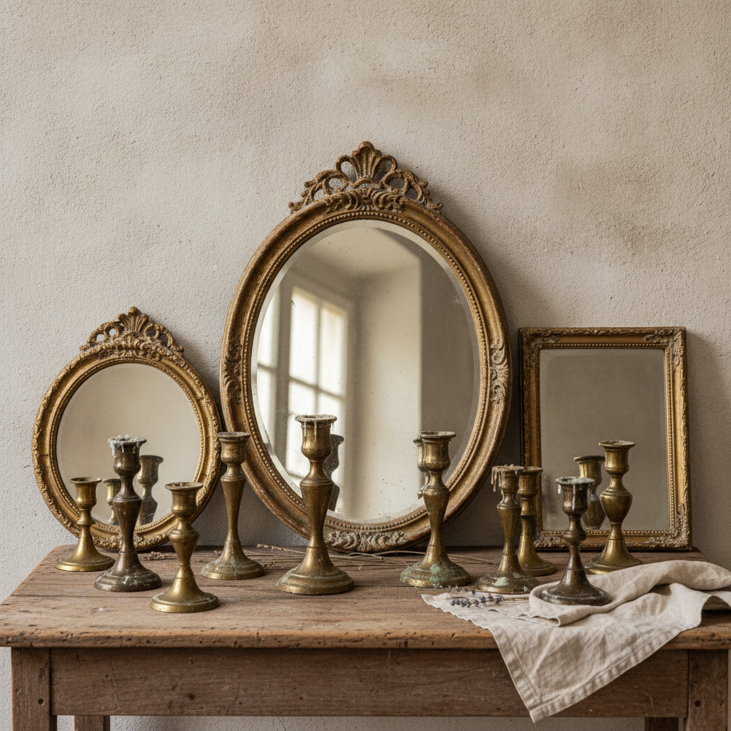 Aged brass candlesticks and vintage mirrors from a European flea market