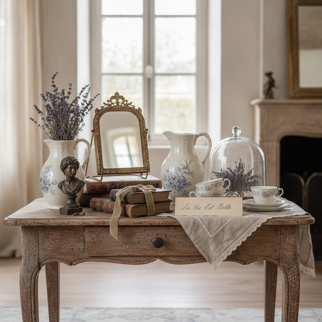 Curated vintage French decor arranged elegantly on an antique wooden table