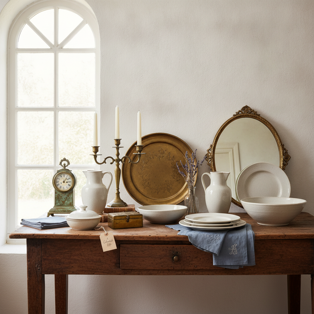 Beautifully curated French vintage homewares, elegant pottery, and aged brass decor displayed on an antique wooden table
