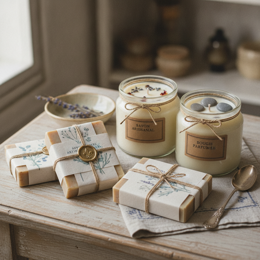 Beautifully packaged artisanal soaps and hand-poured candles