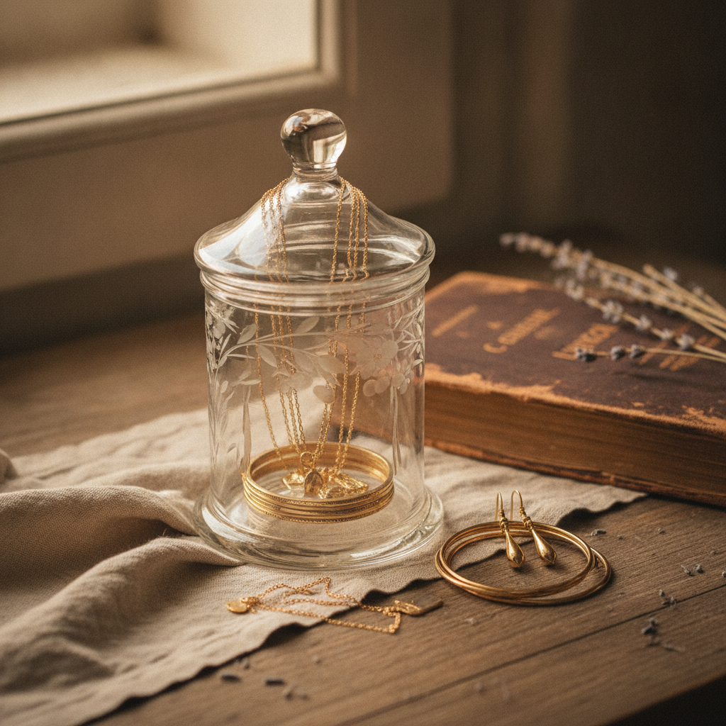 Elegant gold jewelry pieces displayed in a decorative vintage glass vessel with soft lighting