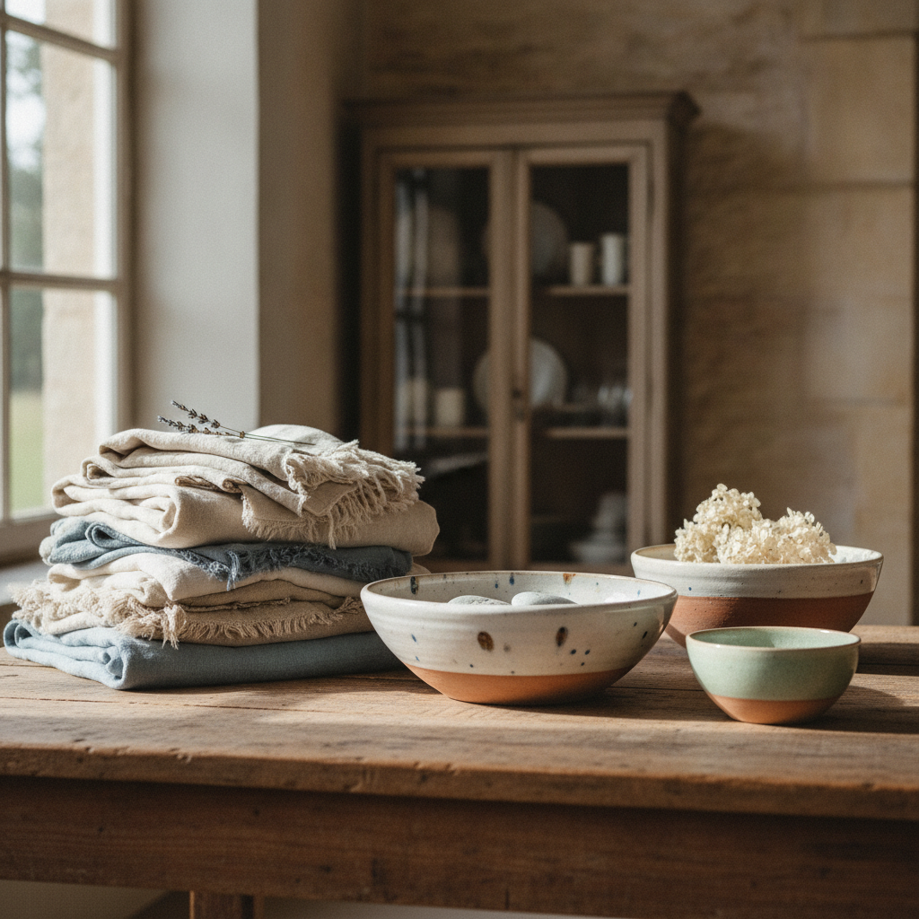 Stack of soft French linens next to artisanal ceramic bowls