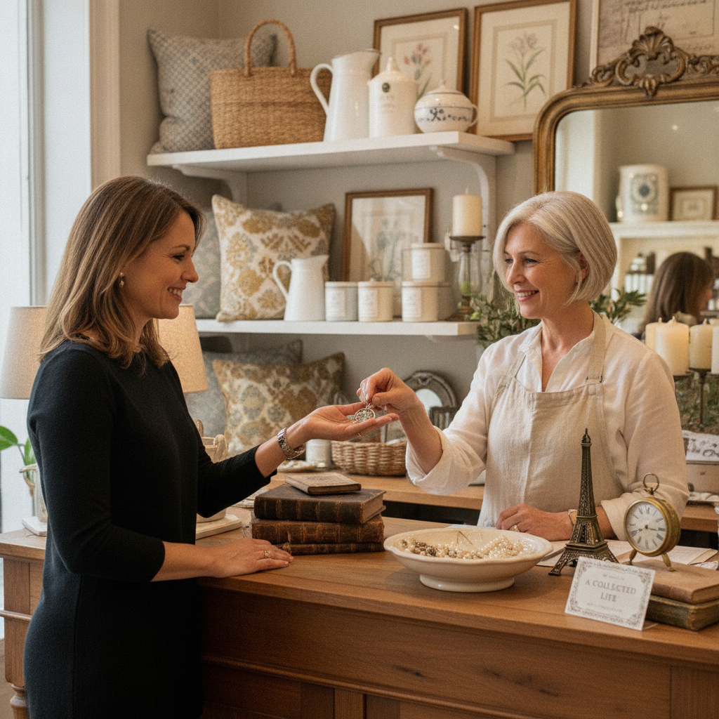 Happy customer smiling as she receives her monthly charm at the boutique counter surrounded by French vintage decor