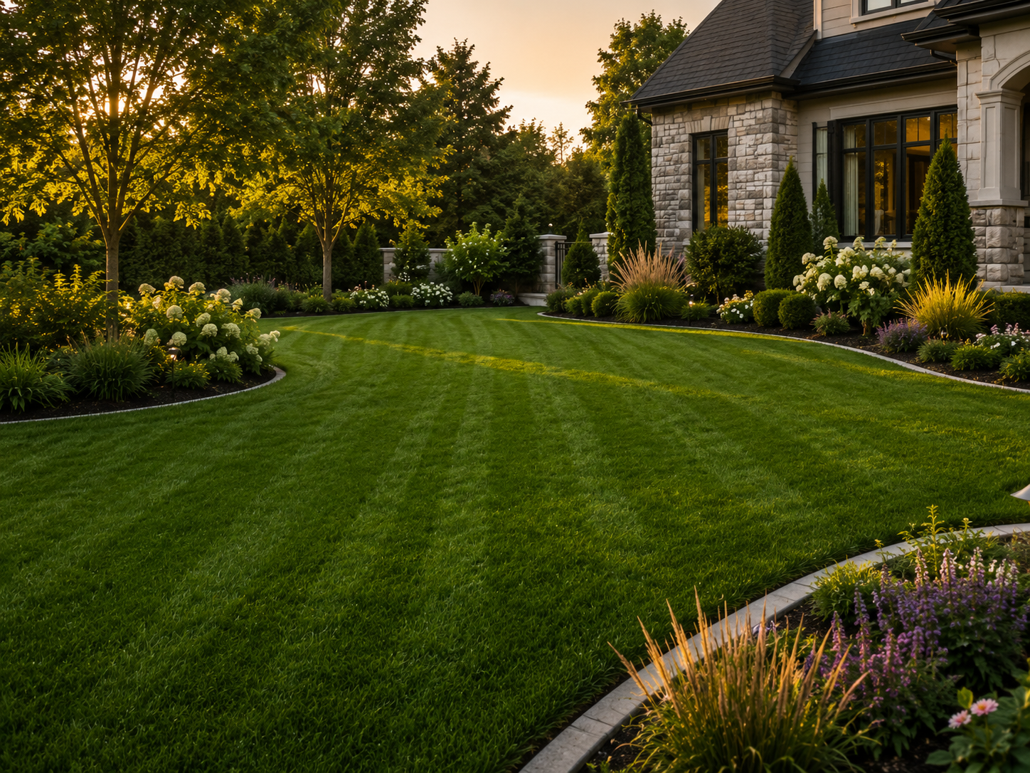 Freshly mowed lawn with crisp edging along a planted garden bed