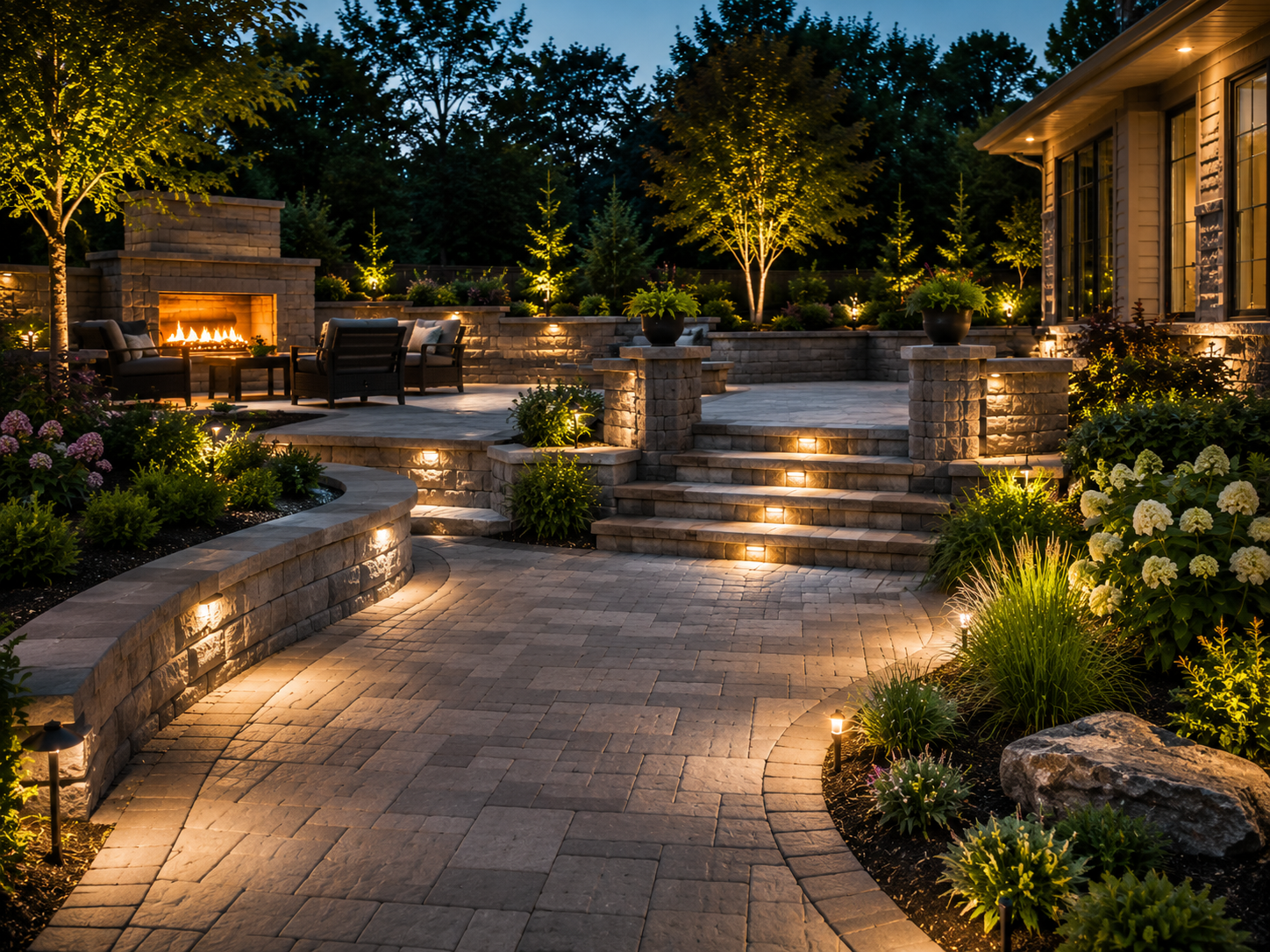 Natural stone patio and walkway with a built-in seat wall