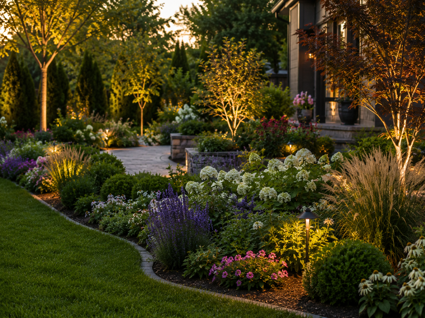 Layered garden bed with ornamental grasses and seasonal color