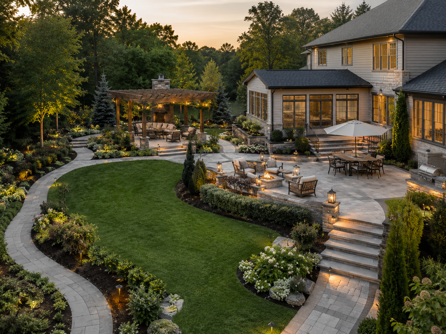 Transformed backyard with a patio, lawn, and planted borders at dusk