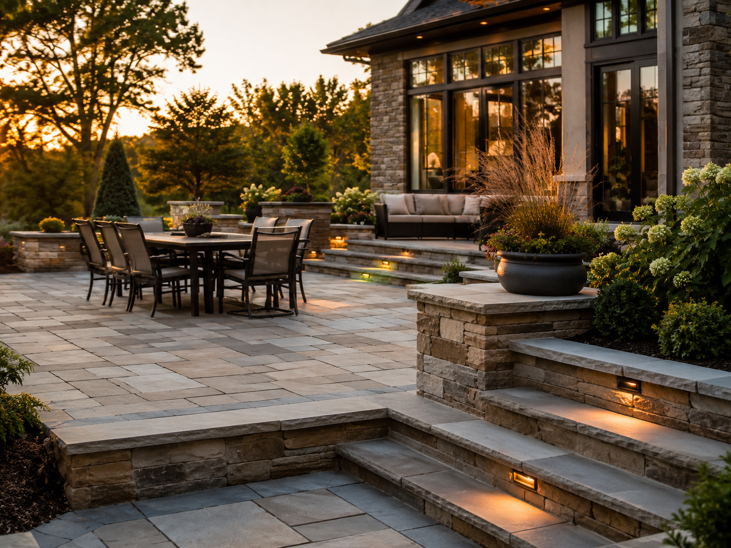 Newly laid natural stone patio with tight flagstone joints