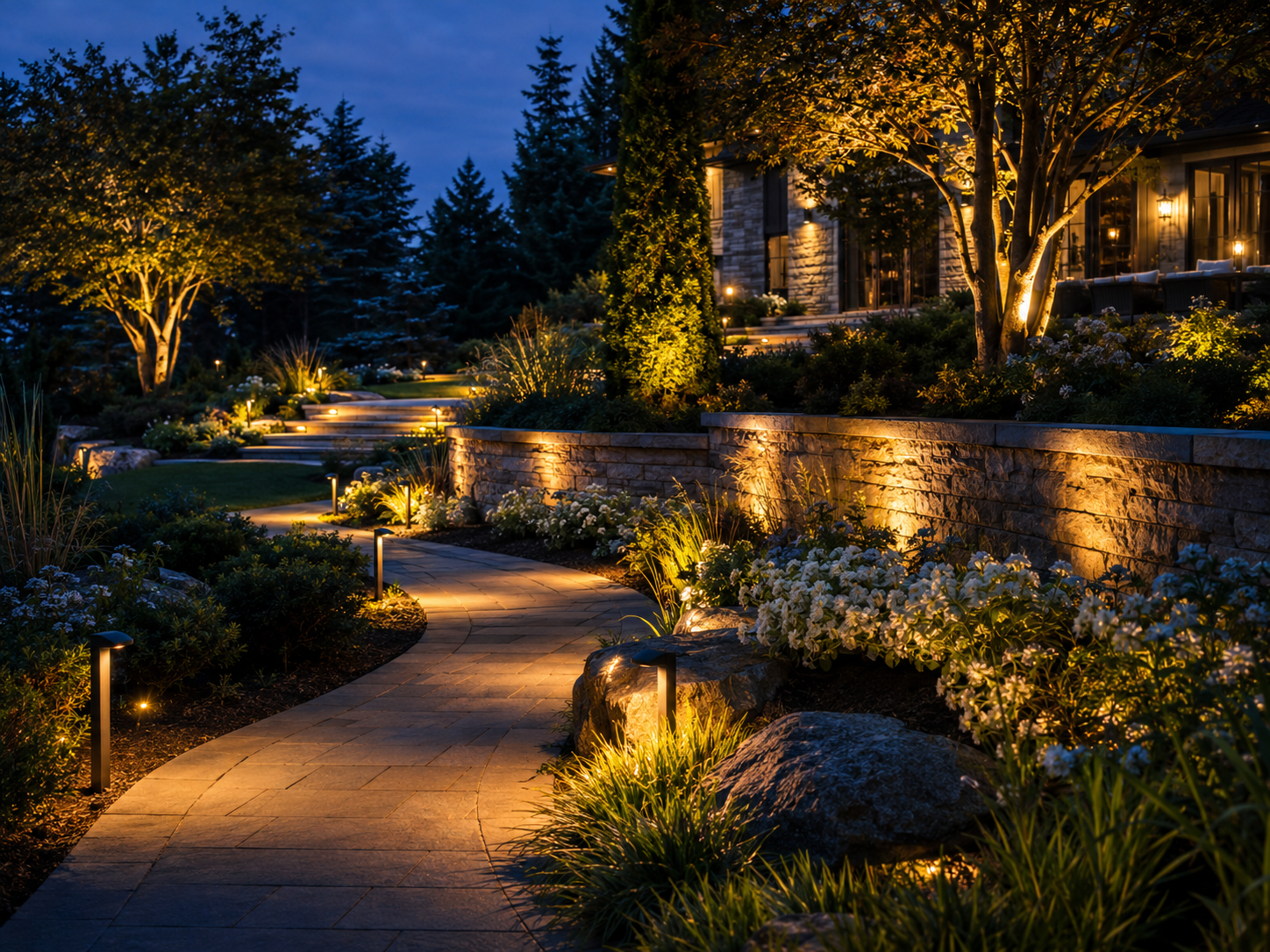 Warm path lighting illuminating a garden walkway at night