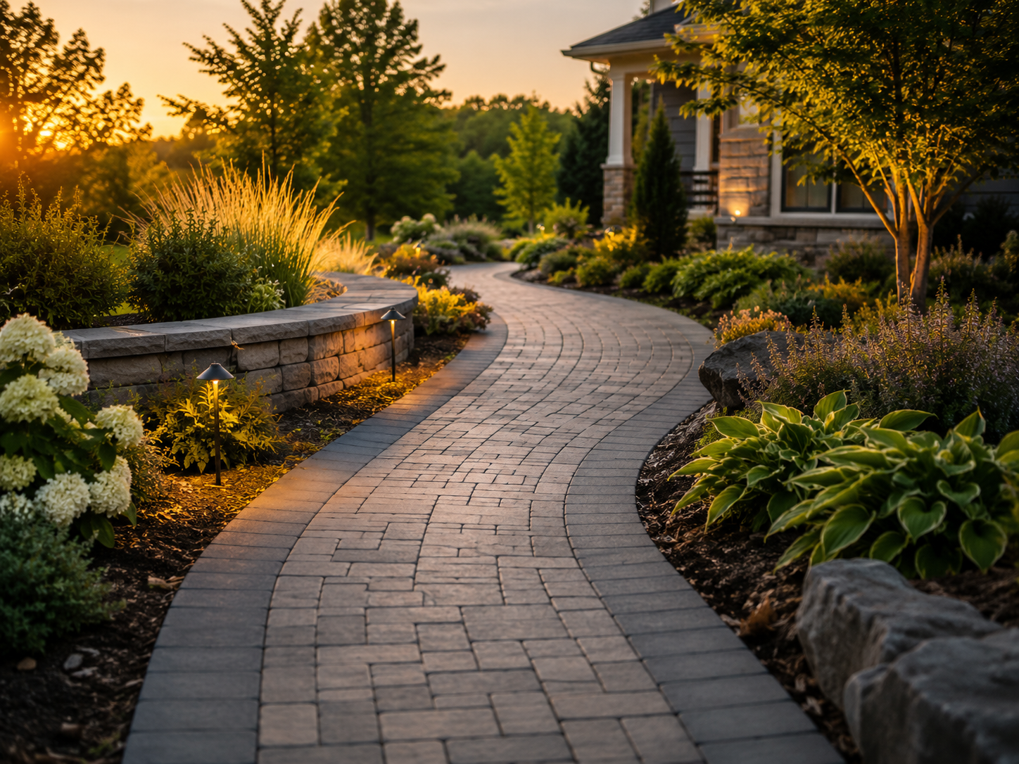 Paver walkway winding through a planted front yard