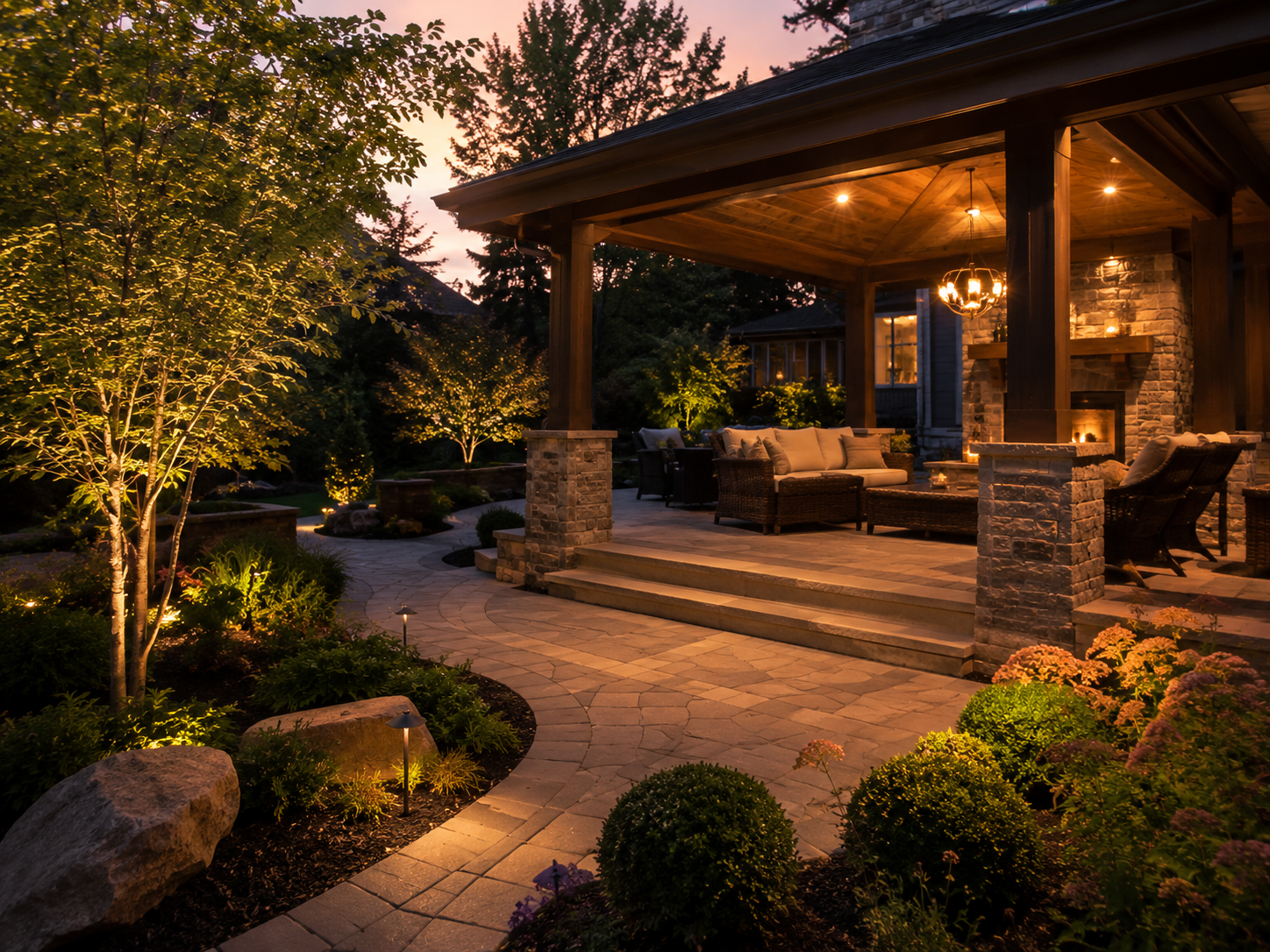 Covered patio seating area surrounded by greenery