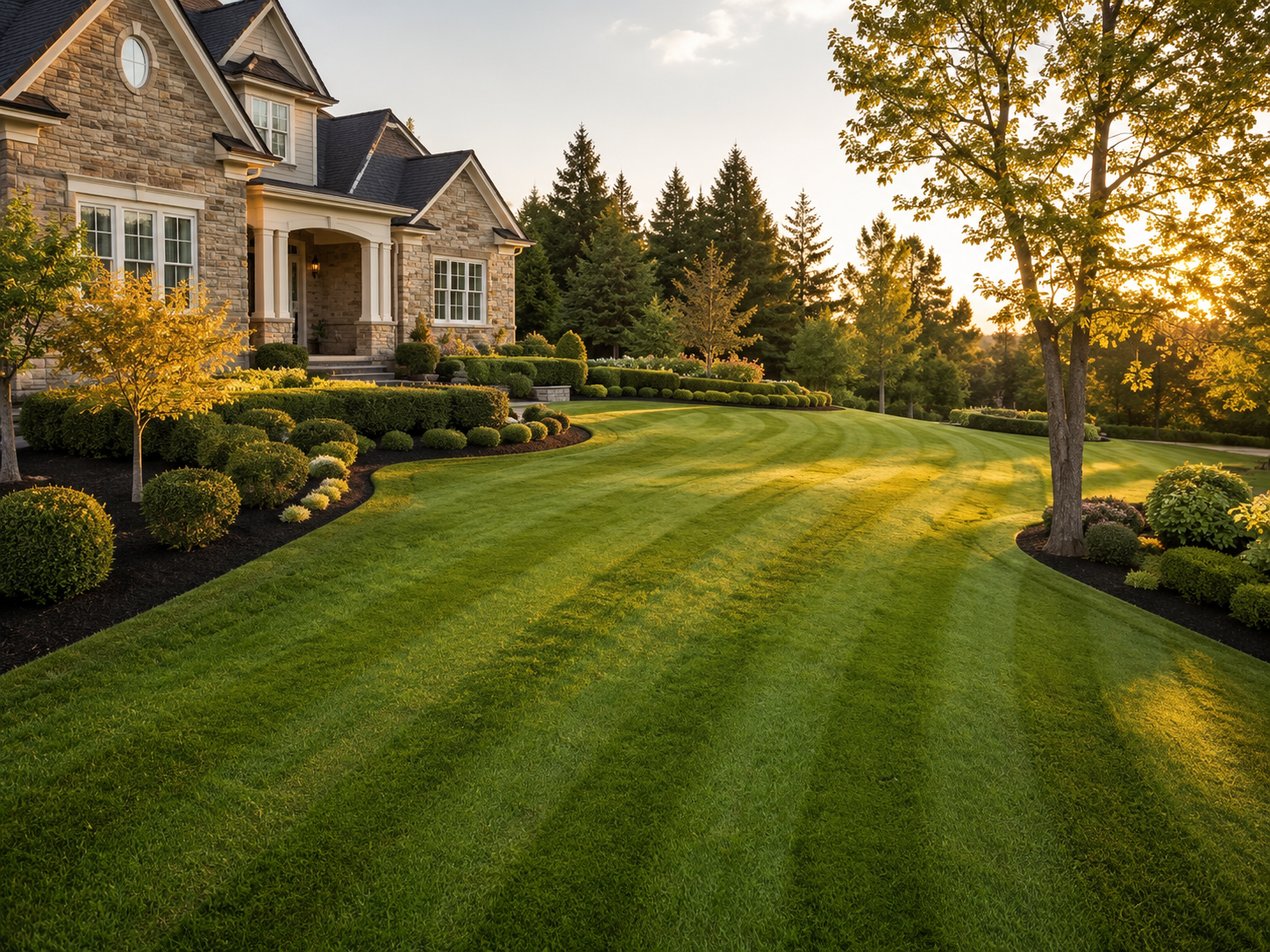 Lush, healthy lawn framed by clean planting beds