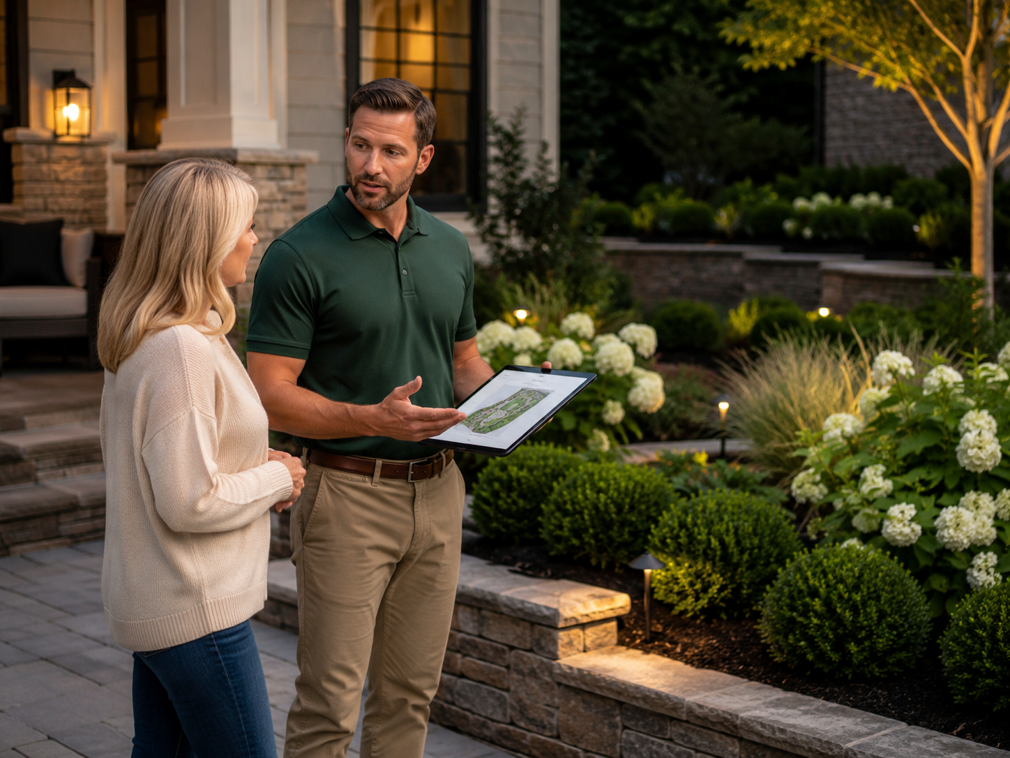 Landscape designer walking a homeowner through a garden plan