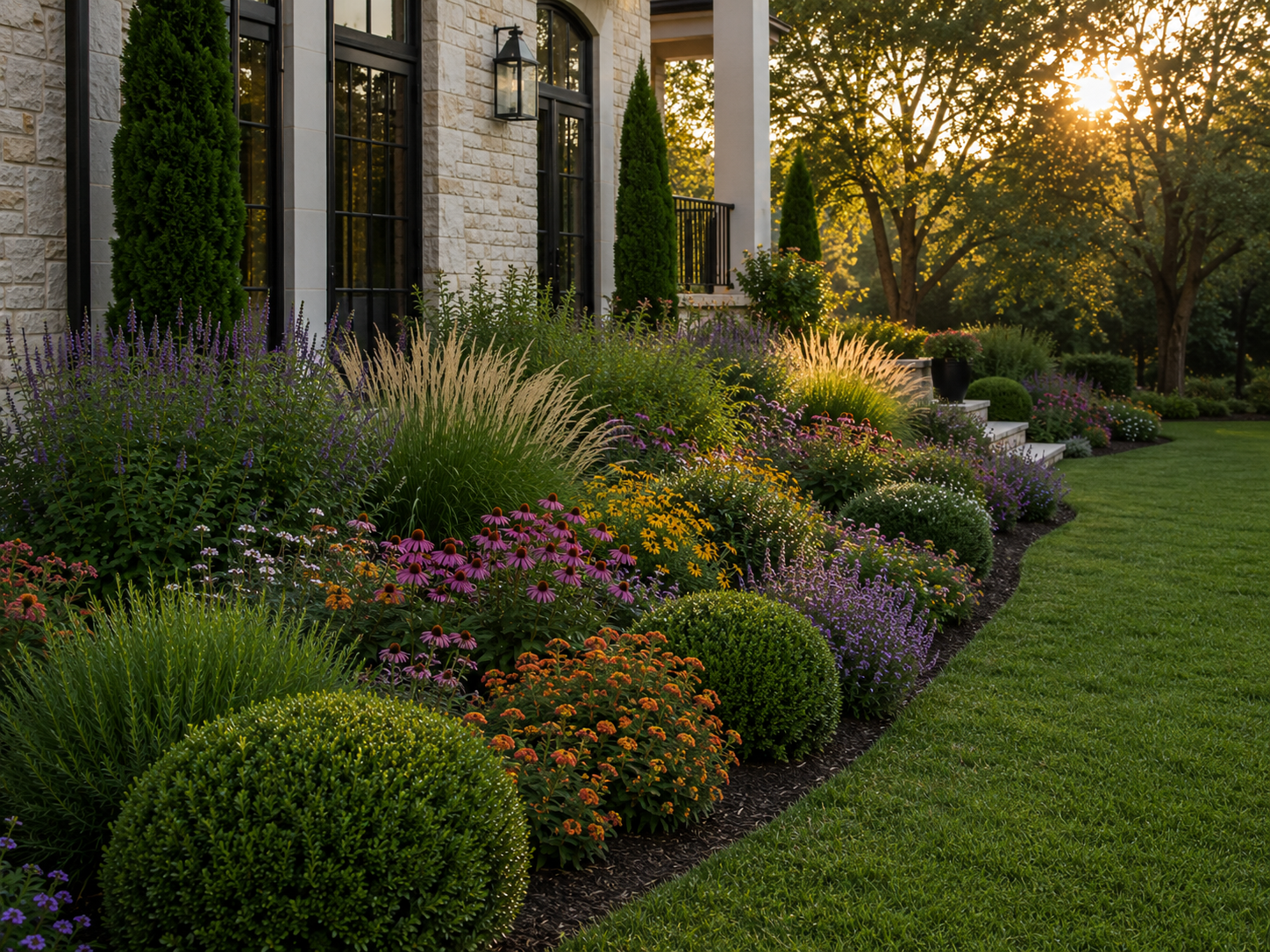 Front-yard garden bed with shrubs, flowers, and crisp edging