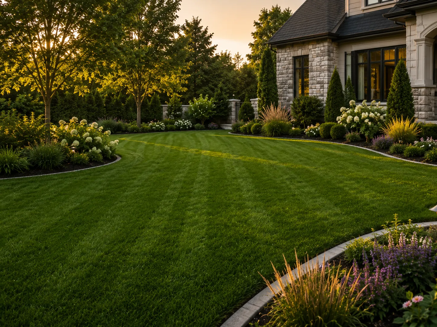 Freshly mowed lawn with crisp edging along a planted garden bed