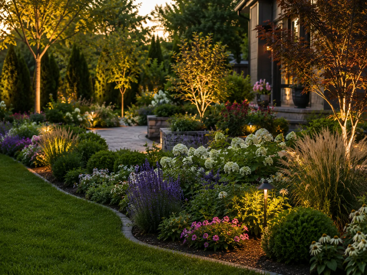 Layered garden bed with ornamental grasses and seasonal color