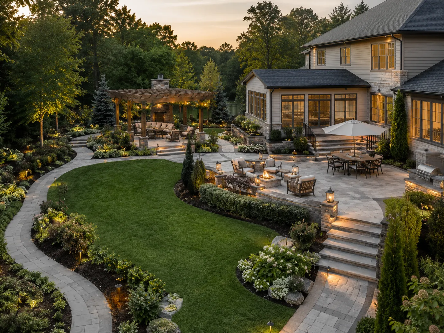 Transformed backyard with a patio, lawn, and planted borders at dusk