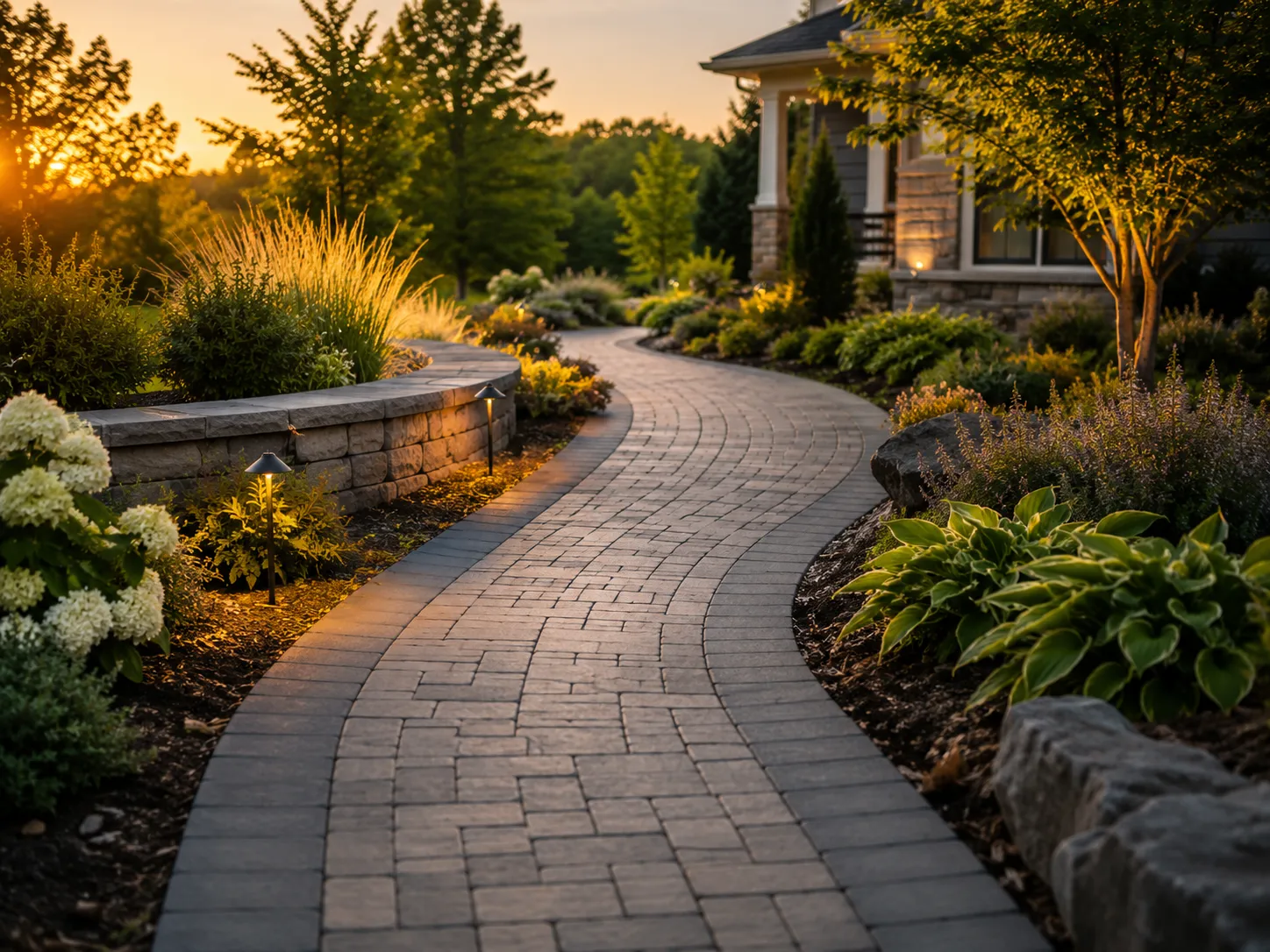 Paver walkway winding through a planted front yard