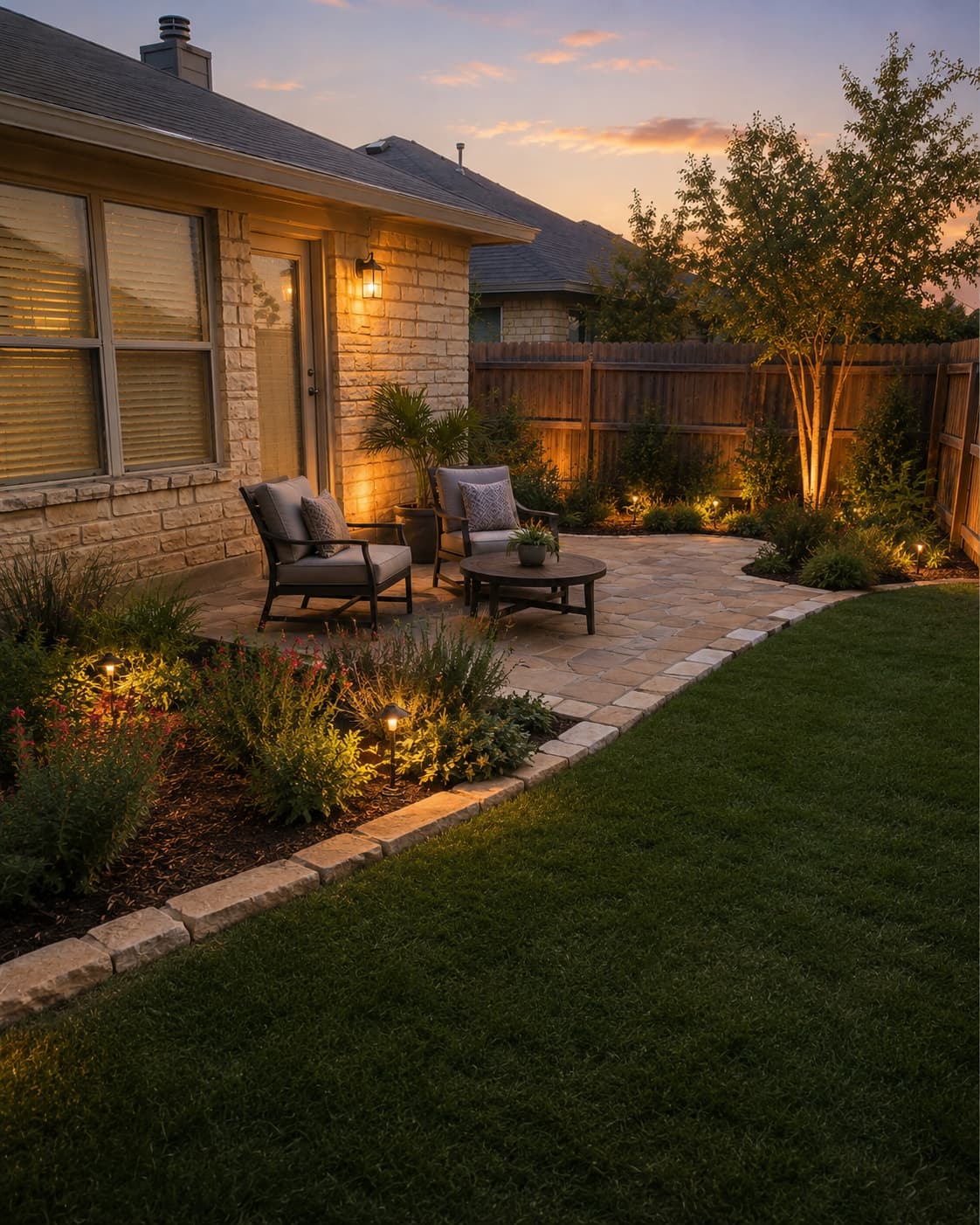 Backyard after landscaping work with patio, lighting, lawn, and planting