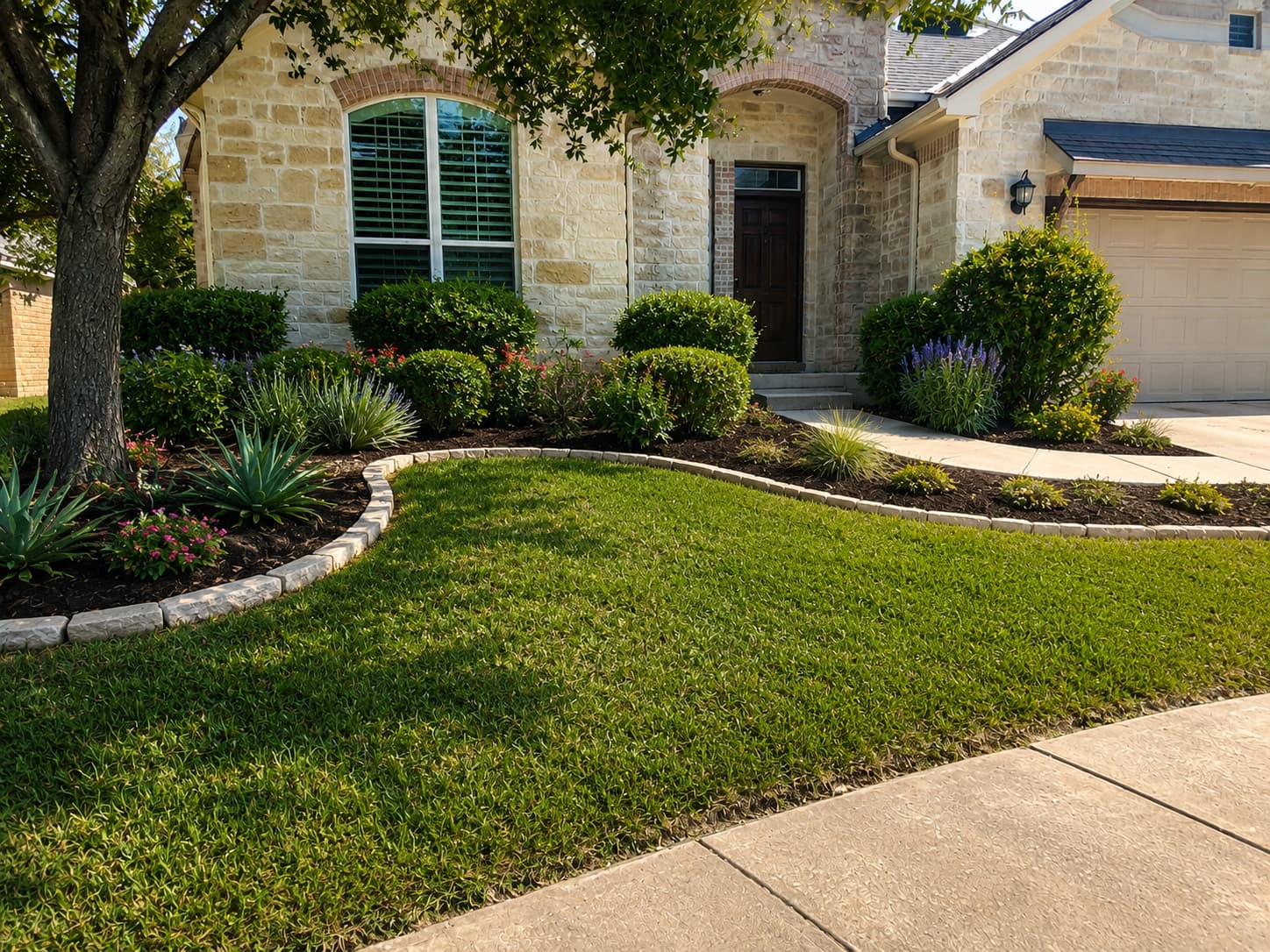 Front yard after refresh with clean planting, mulch, and crisp edging