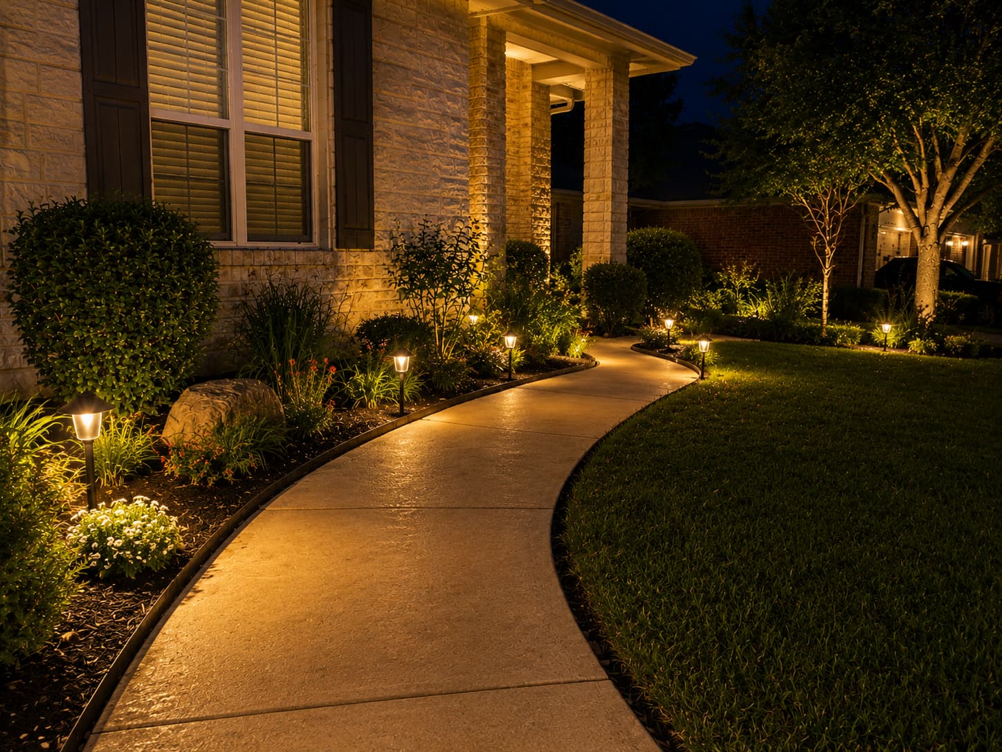 Walkway after warm outdoor lighting upgrade at night