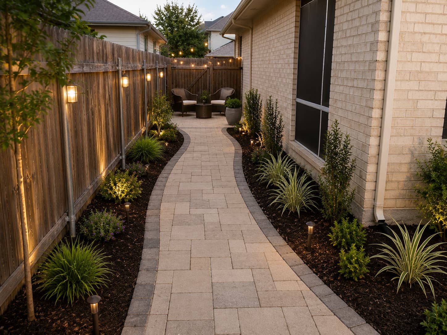 Yard after walkway and patio installation with landscaped borders
