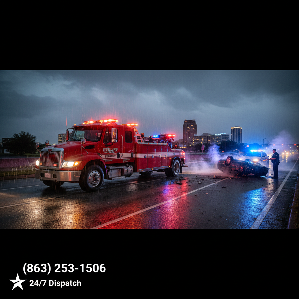 Redline Tow Truck responding to an emergency at night
