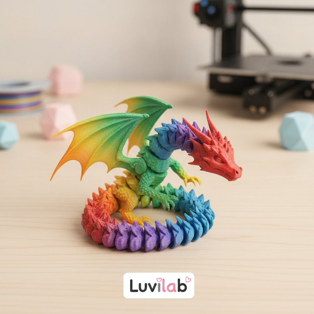 A highly detailed 3D printed miniature crystal dragon figure with iridescent finish