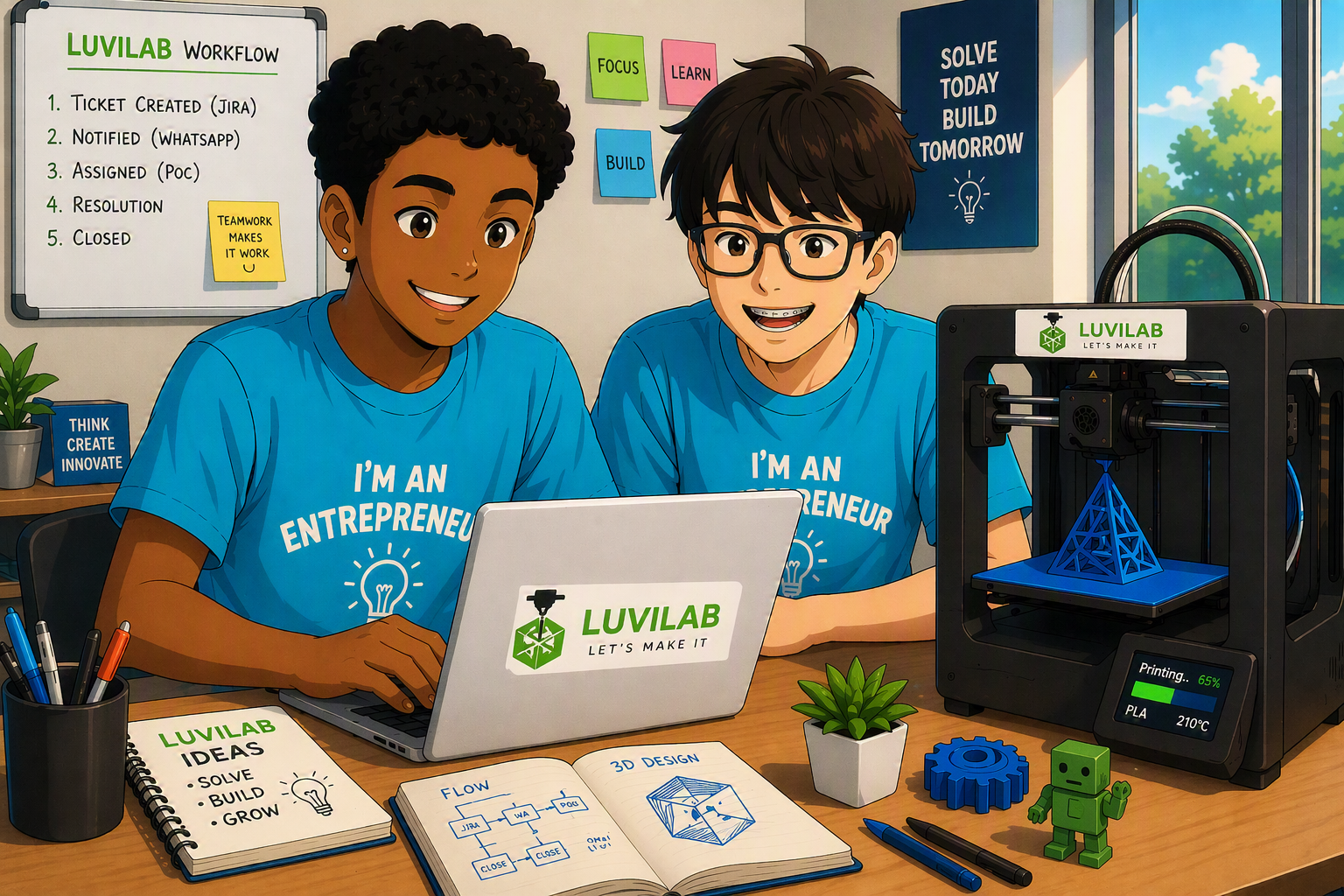 Two teenage founders of Luvilab collaborating on a 3D print design on a laptop