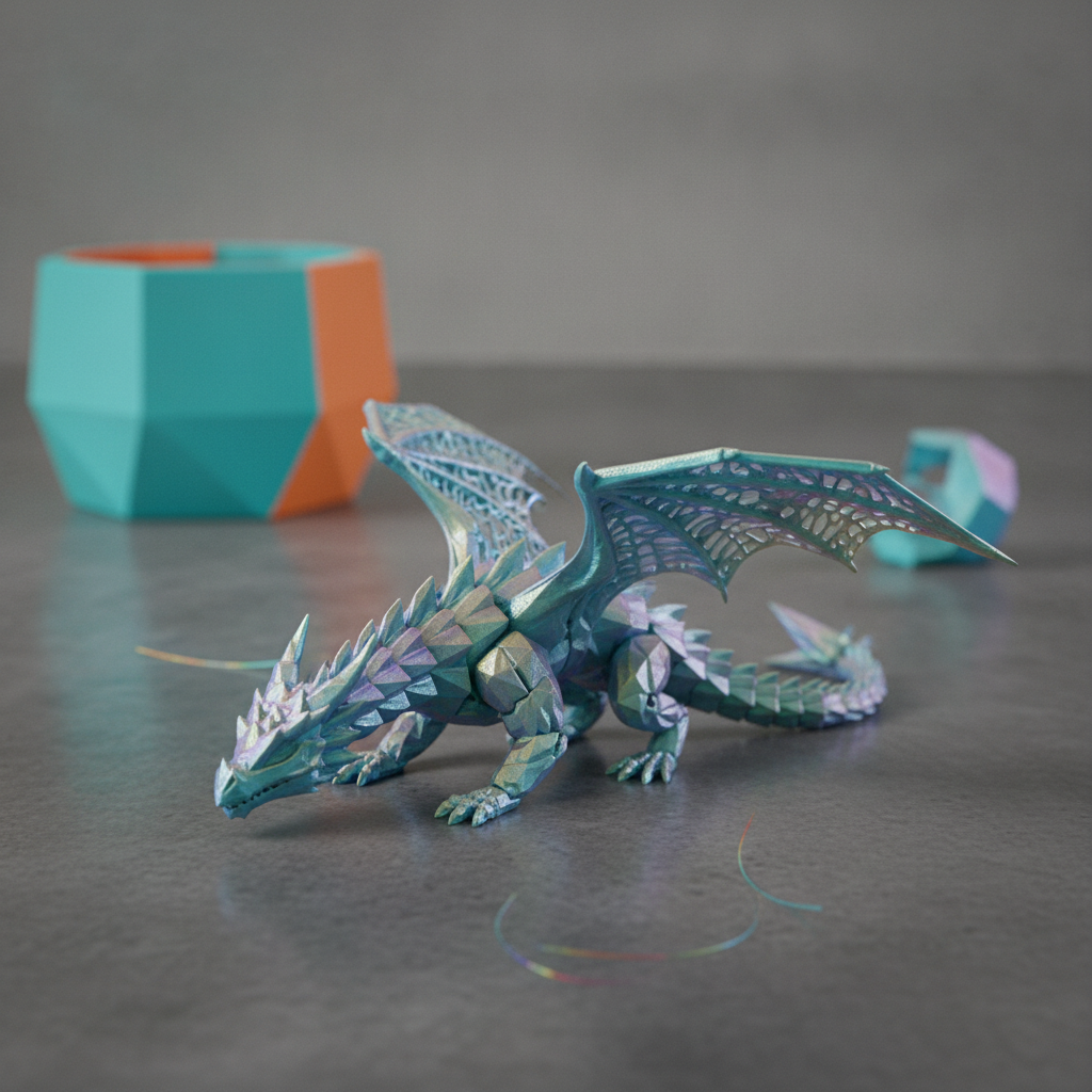 A highly detailed 3D printed miniature crystal dragon figure with iridescent finish