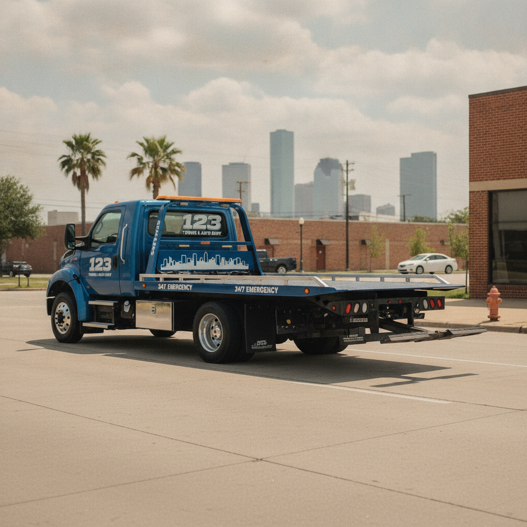 Professional flatbed tow truck with hydraulic loading ramp parked on a Houston street ready for service