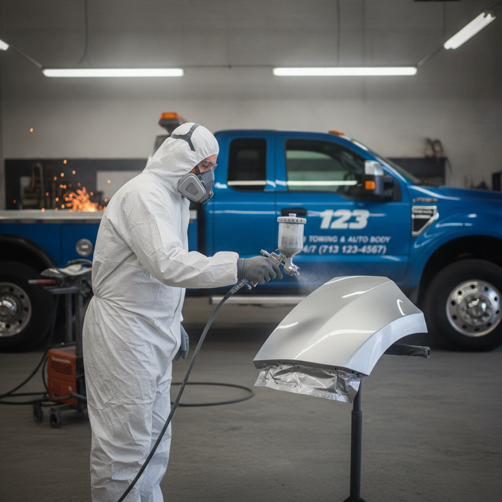 Auto body technician in protective gear spray painting and repairing a damaged car fender inside a professional body shop