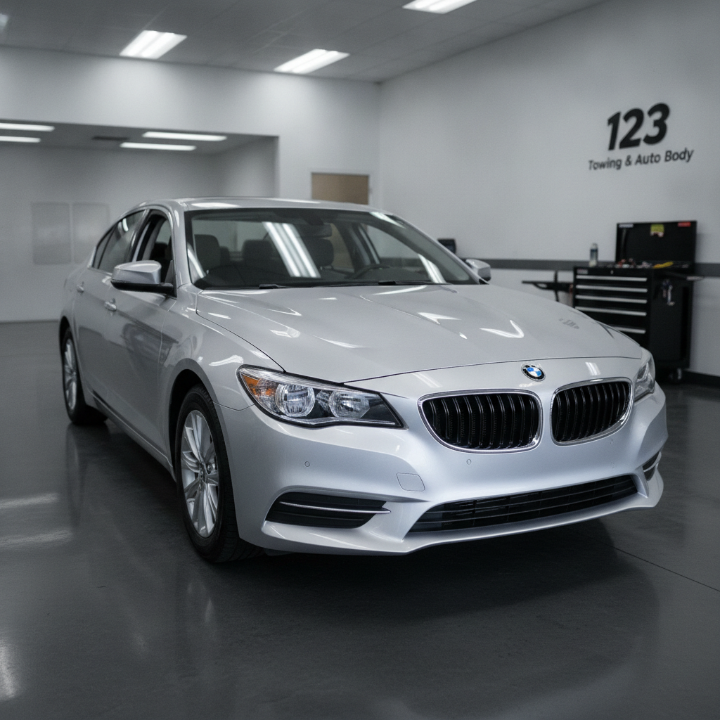 Same silver sedan fully restored with flawless factory paint job, perfect body lines, and new headlights gleaming under professional lighting in an auto body showroom after repair
