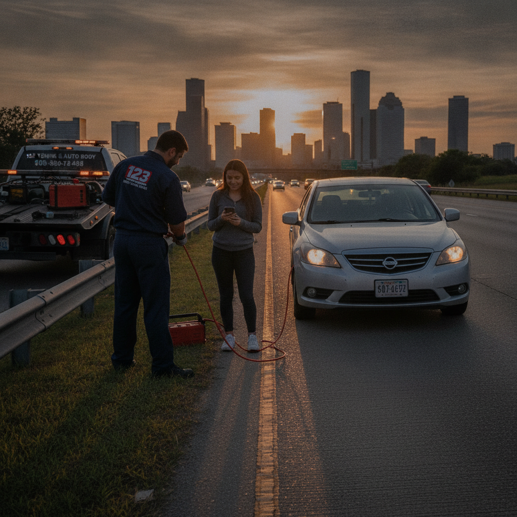Roadside assistance technician jump starting a stranded driver's car battery with jumper cables on the shoulder of a Texas highway