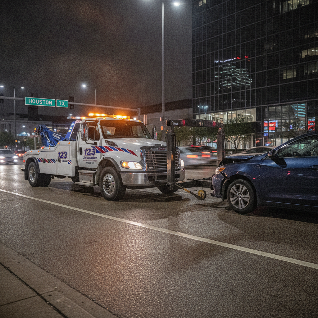 Light-duty wheel-lift tow truck hooking up a sedan for standard towing, accident recovery, and impound service in Houston