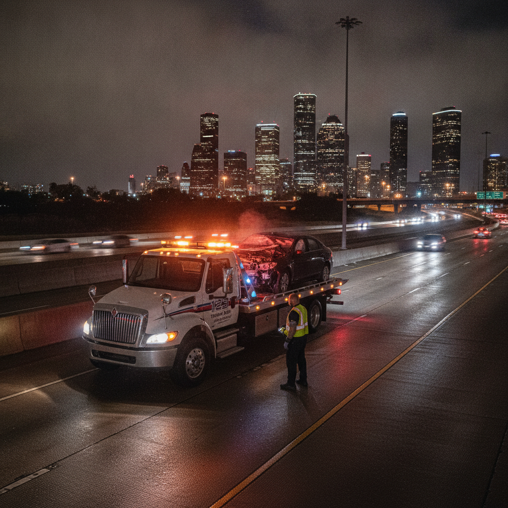 Tow truck with flashing emergency lights loading a broken down car onto a flatbed at night on a Houston highway