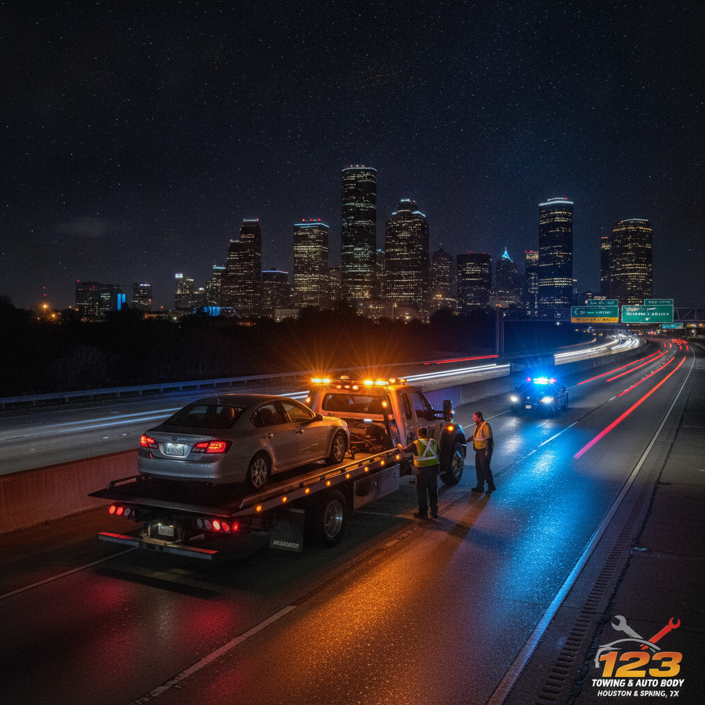 Professional tow truck rescuing a stranded car on a Houston highway at night with emergency lights on