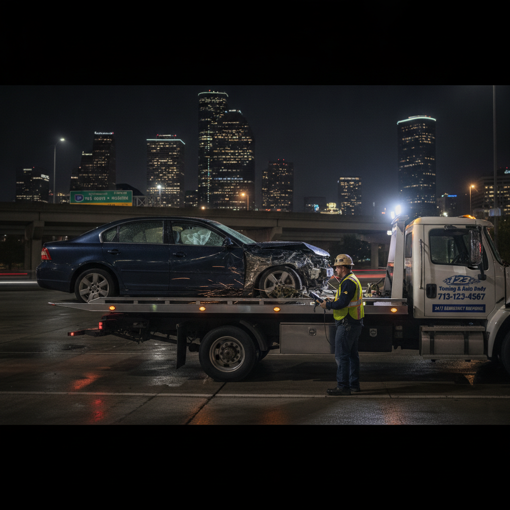 Professional tow truck operator loading a damaged vehicle onto a flatbed truck in Houston Texas