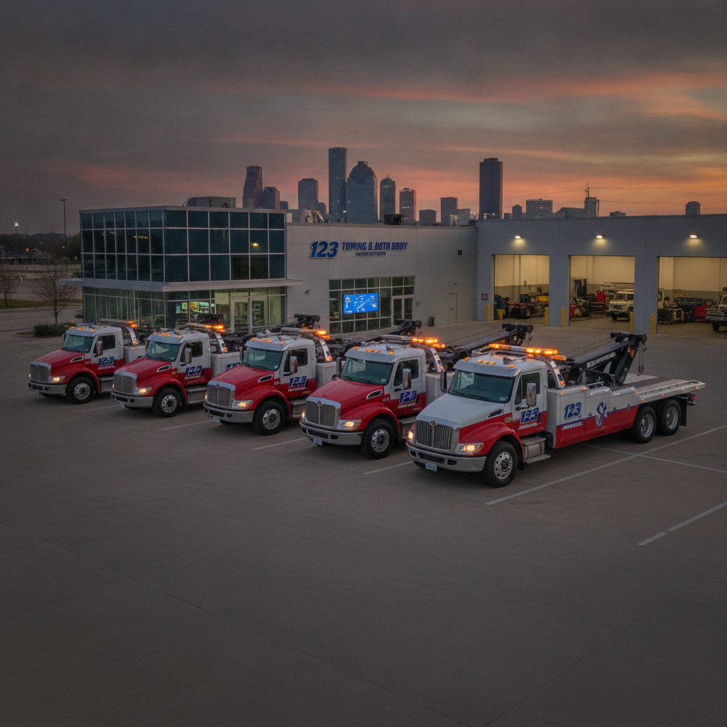 Modern tow truck fleet ready for dispatch in Spring TX