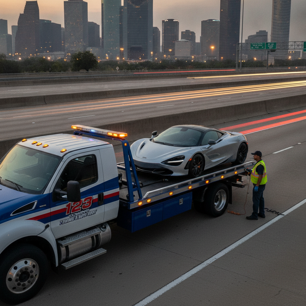 Flatbed rollback tow truck with hydraulic tilting bed loading a luxury low-clearance sports car for damage-free transport