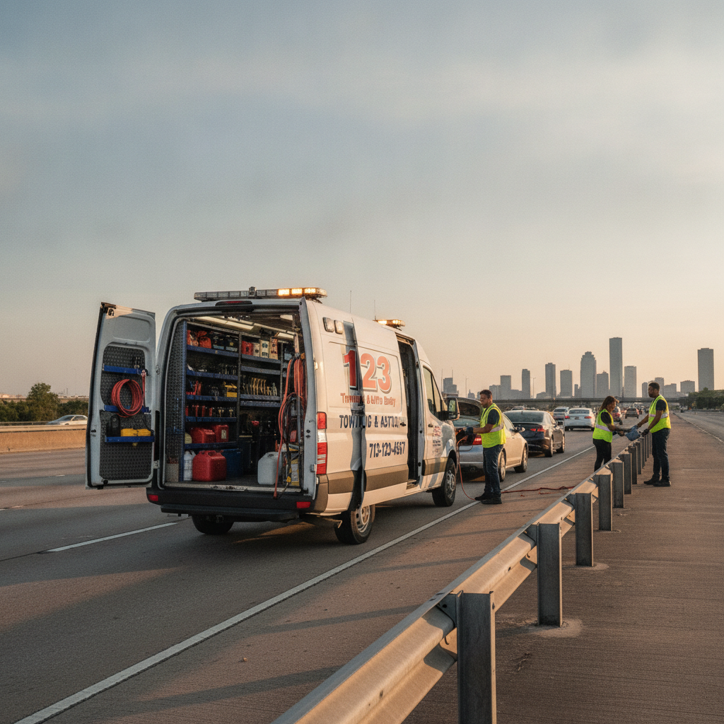 Fully stocked roadside assistance service van providing jump start, lockout, tire change, and emergency fuel delivery to stranded motorist on Houston highway