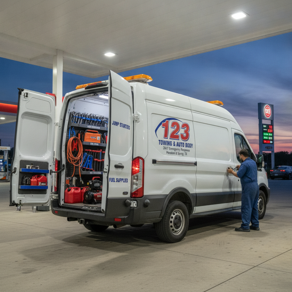 Roadside assistance service van equipped with jump starters tire tools and fuel supplies parked at a gas station
