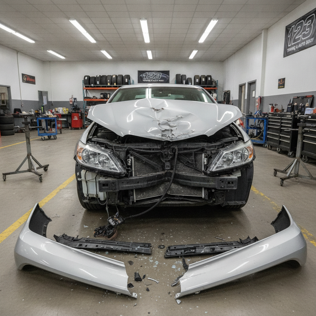 Silver sedan with severe front end collision damage, crushed hood, and broken headlights sitting inside an auto body repair shop before restoration work begins