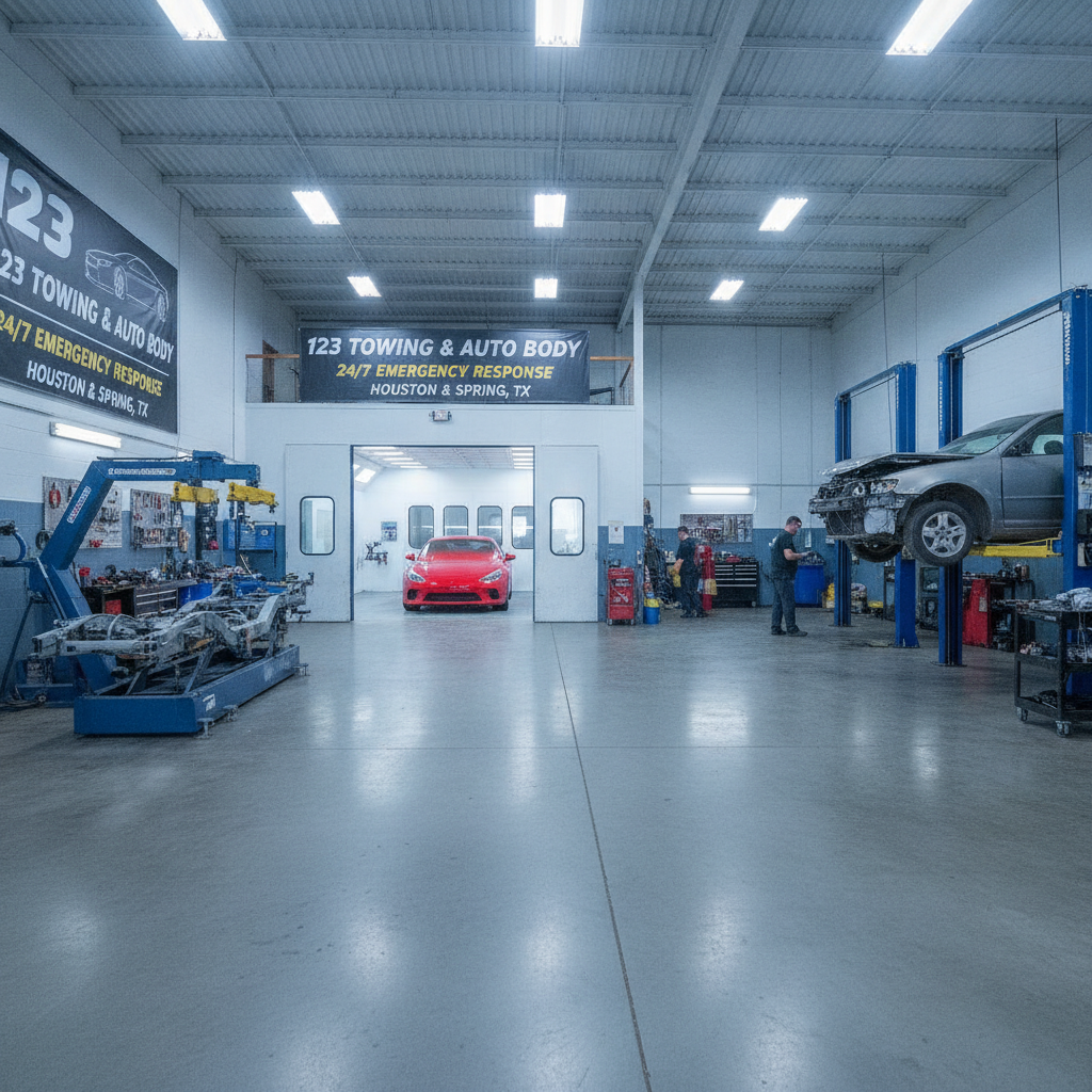 Full-service auto body repair shop interior featuring frame straightener, professional paint booth, and service bays for brake, oil, and collision work