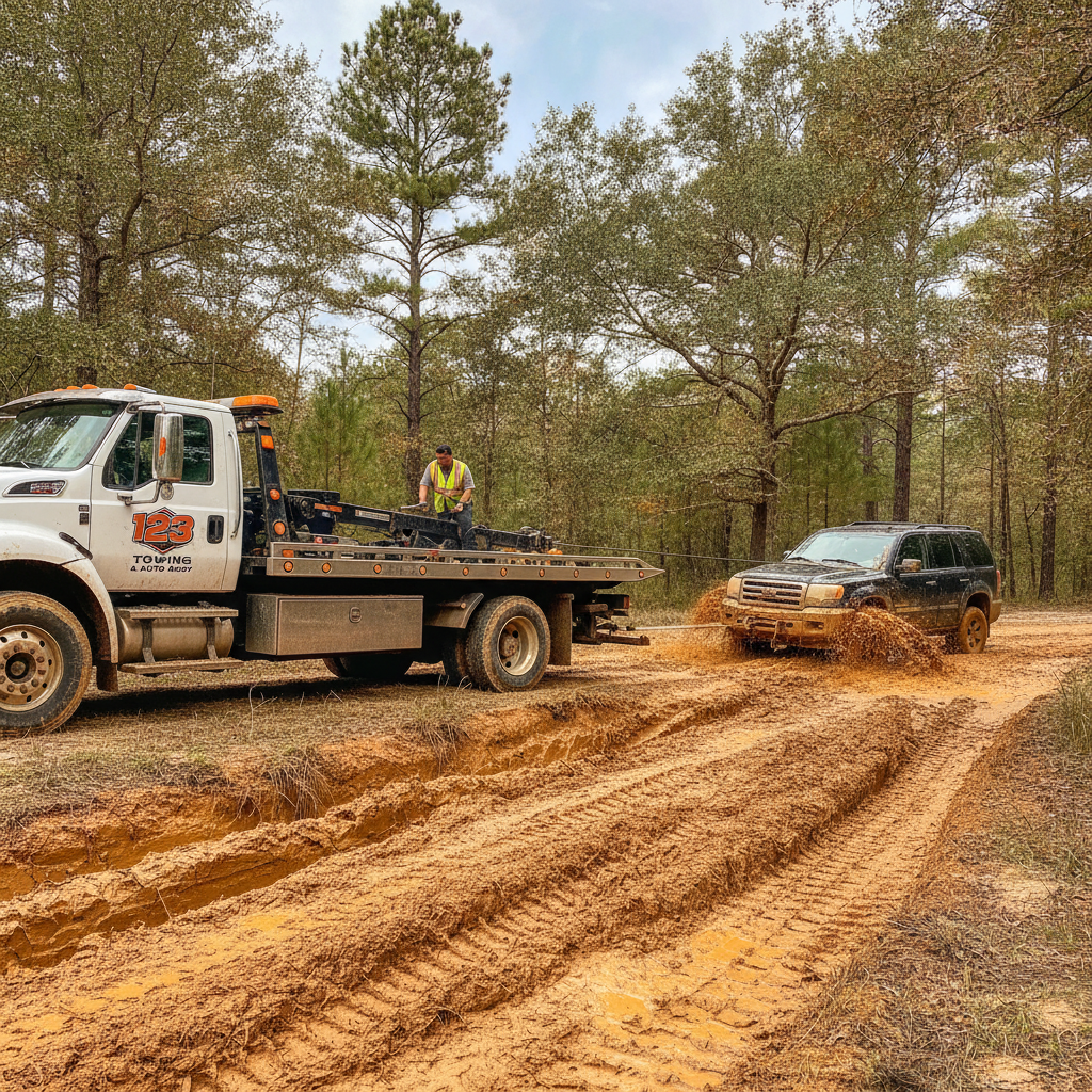Tow truck performing winching and off-road vehicle recovery in muddy terrain pulling a stuck SUV out with heavy-duty cable