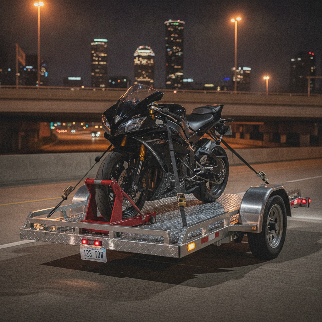 Specialized motorcycle towing trailer with soft-strap tie-downs and wheel chock securing a sport bike for safe scratch-free transport
