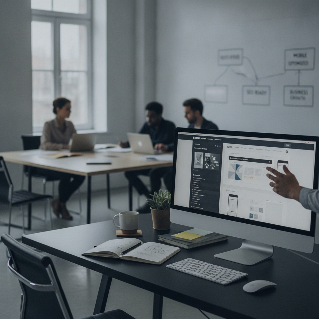Modern web design agency workspace showing strategic website development on computer monitor