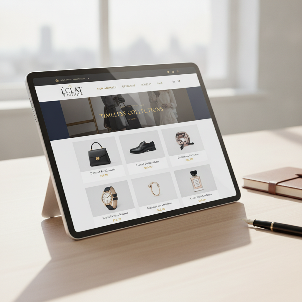 Sample luxury retail e-commerce website layout preview mockup with product grid design